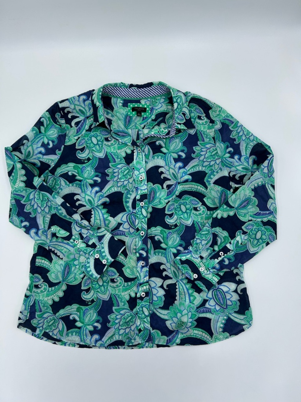 Talbots Navy and Mint Floral Paisley Button-Down Top LP